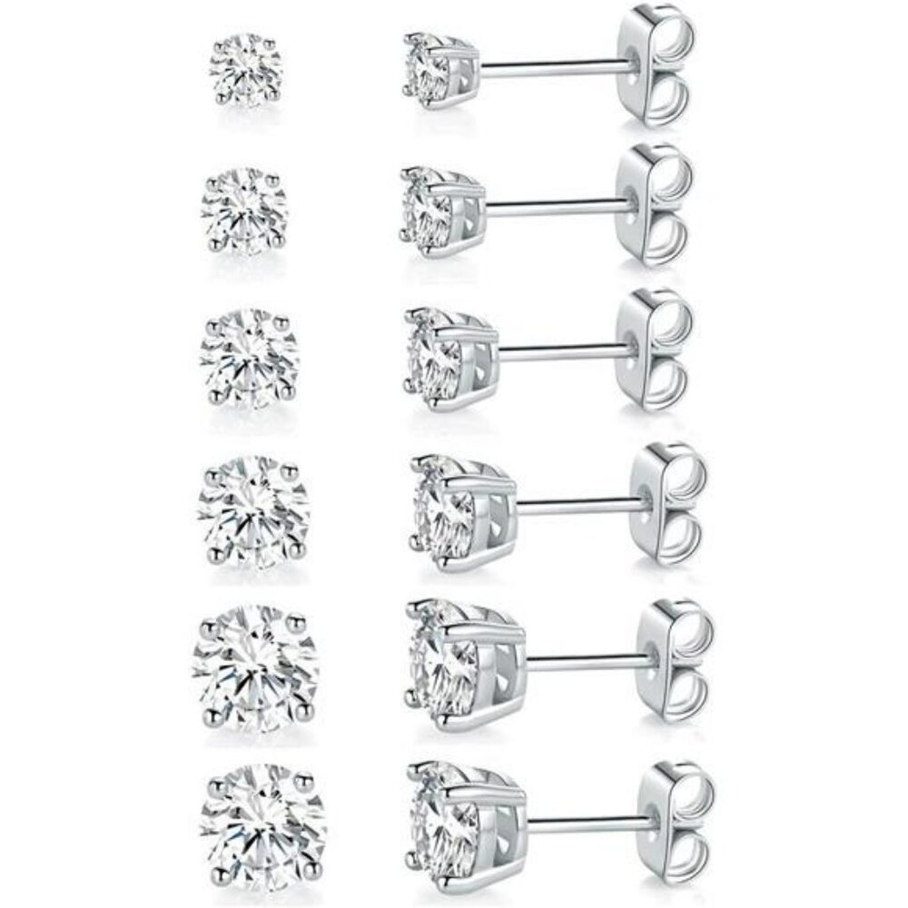 6 Pair CZ Stud Earrings Set 18K White Gold Plated Round Clear for Men Women